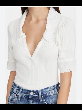 NWT Free People Women's White Ribbed V-Neck Top with Eyelet Collar Size L